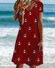 Women Short Sleeve V‑Neck A‑Line Midi Dress Anchor Print Casual Loose Summer Plus Size Beach Dress