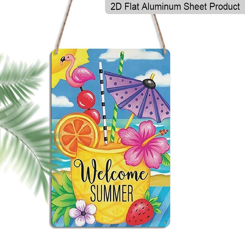 

2D Flat 1pc Welcome Summer Metal Aluminium Sign, 12x8inch, Tropical Fruit & Beach Umbrella Design, Home Kitchen Garden Bar Restaurant Cafe Office 20*30cm