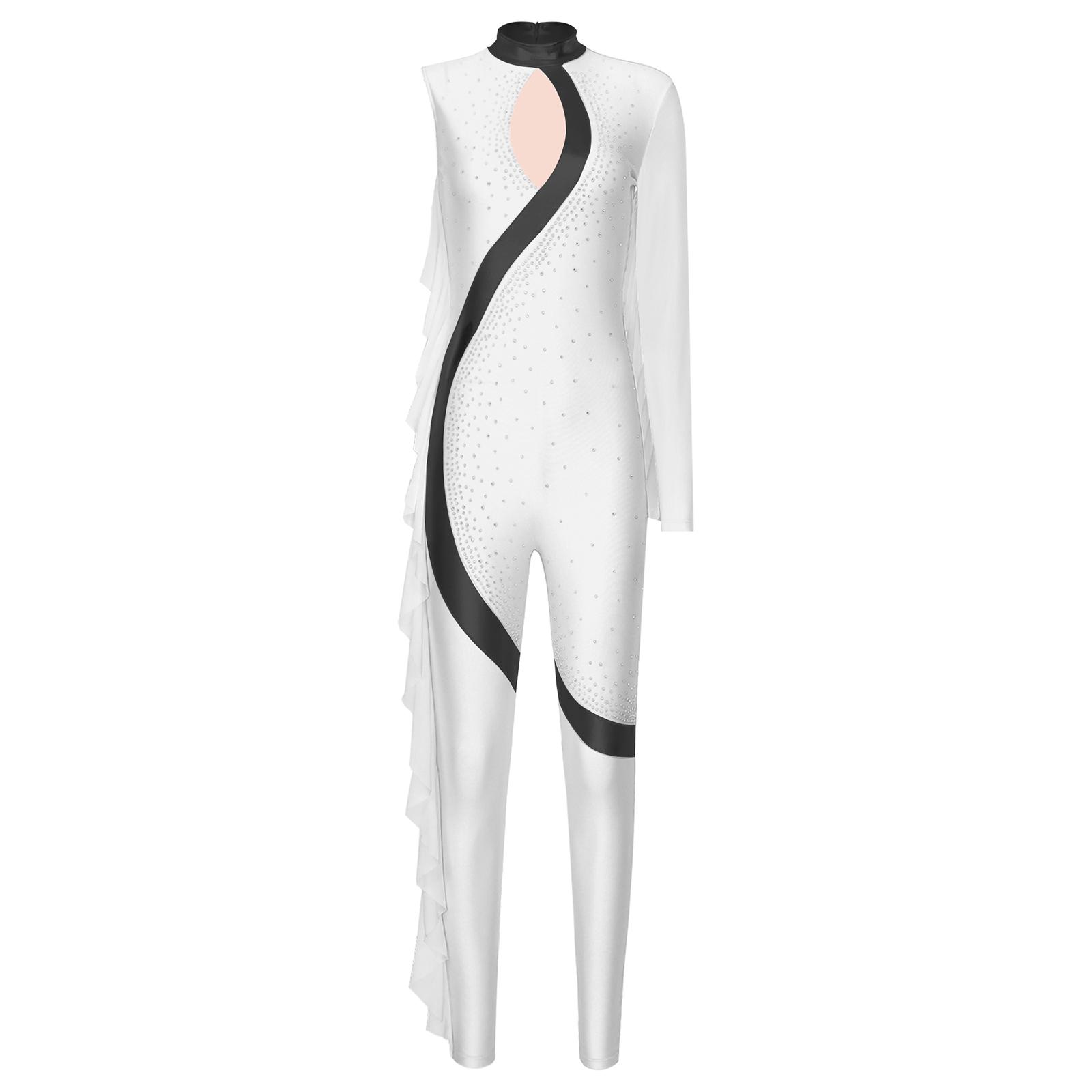 

Жіночий комбінезон металічного кольору з колор-блоком, мок-нек, блискучі стрази, боді на все тіло, одяг для виступів, танцювальний одяг S слонова кістка