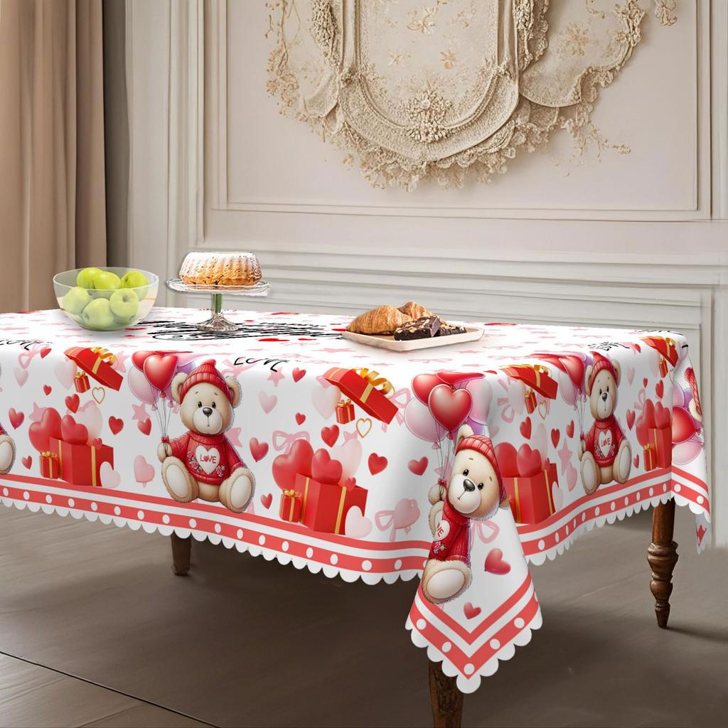 Romantic Love Bear Printed Tablecloth, Red Waterproof And Oil-Proof Dining Table Cloth, Couple'S Anniversary Decorative Cover Cloth