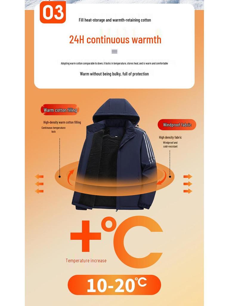 Men's Hooded Cotton Jacket - Windproof, Thickened, Three Stripes, Plus Velvet, Large Size Outerwear for 2025 Autumn/Winter.