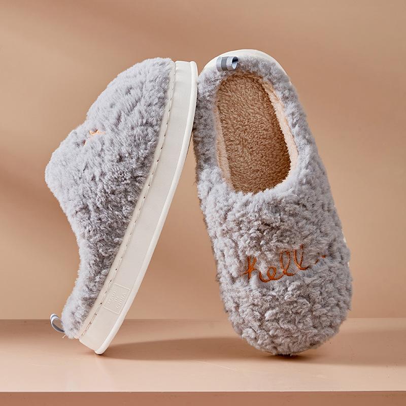 Hello embroidered plush cotton slippers indoor thickened warm cotton mop non-slip home slippers winter