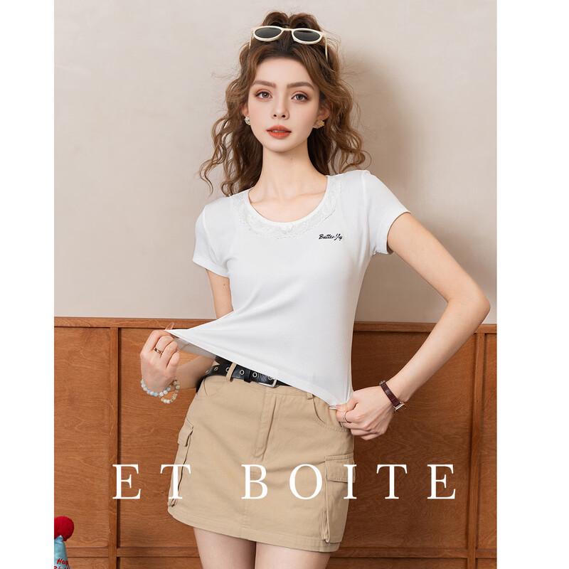 Dopamine Lace Trim Embroidered Short Sleeve T-Shirt M