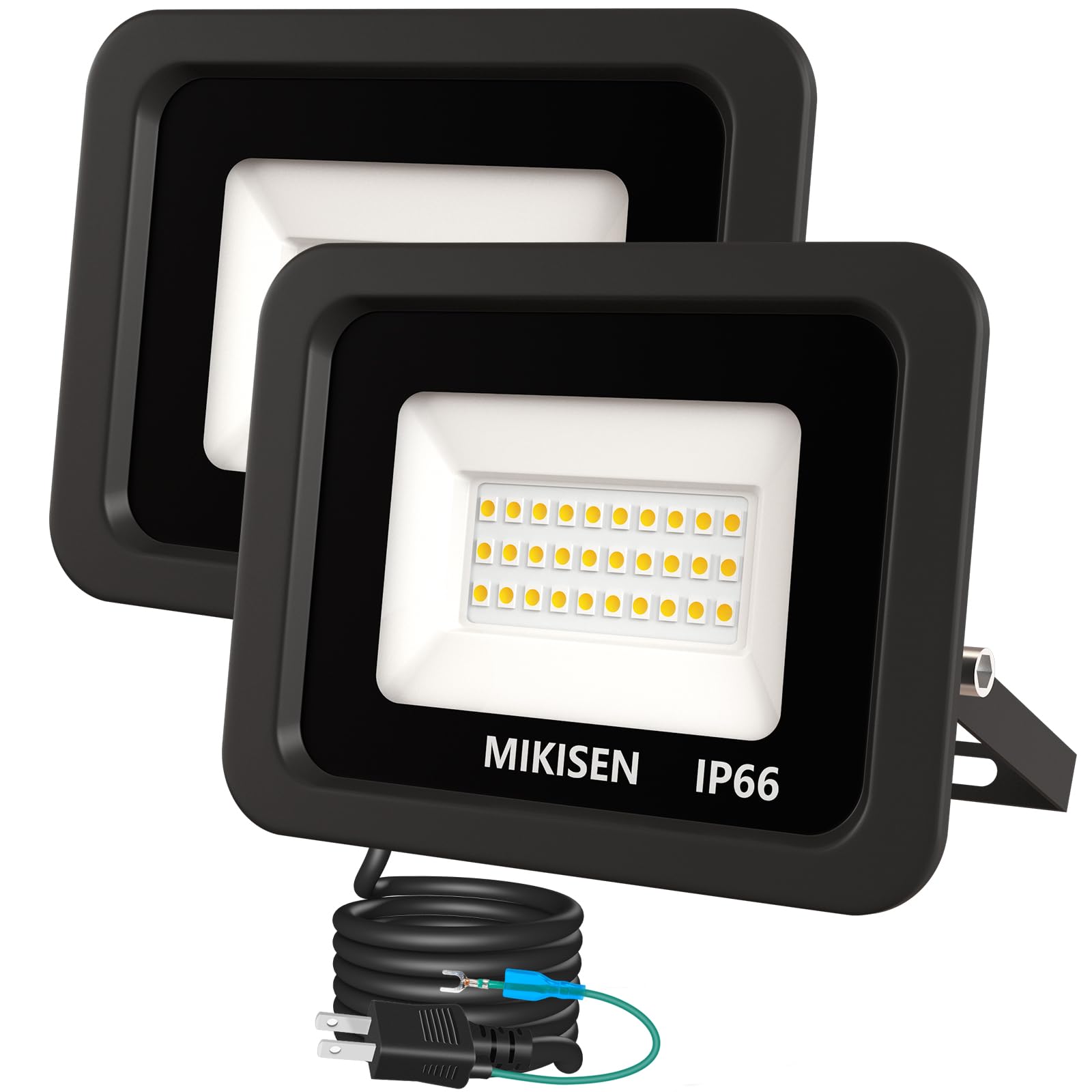 

MIKISEN LED Floodlight, Work Light, Sign Light, 20W, Warm White, 2300LM, 3000K, Equivalent to 180W, 1.8mm Cord, IP66 Waterproof, 2-Pin Plug with