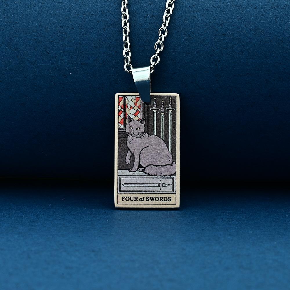 Stainless Steel Cat Tarot Card Necklace for Men Women Animal Divination Jewelry Accessory