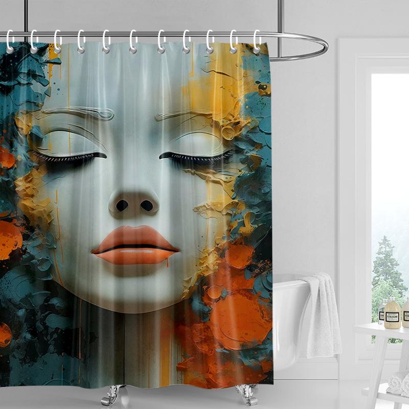 Marble Textured Shower Curtain-Classic Bust Sculpture with Crack Stone Effect, Waterproof Art Bathroom Decoration
