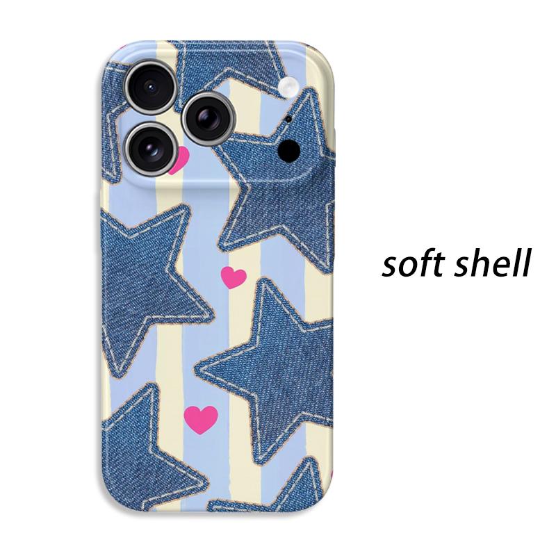 Cute Denim Jean Star Heart Striped Pattern Art Film Aesthetic Protective Shockproof Bumper Phone Case Cover For iPhone 14 15 16 Pro Max Plus