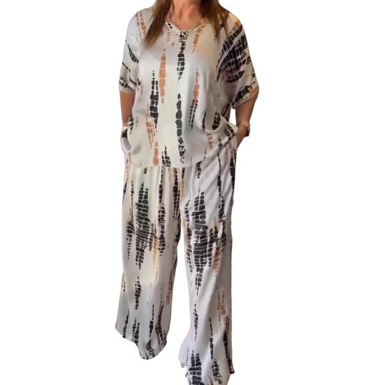 Zweiteiliges Set für Damen in Übergröße, Sommer, lässig, Rundhalsausschnitt, Kurzarm, Oberteil, weites Bein, Hose, Set, lockeres Outfit für Frühling, Sommer, Herbst