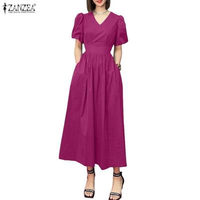 Women Casual V-Neck Summer Short Sleeve Long Dress