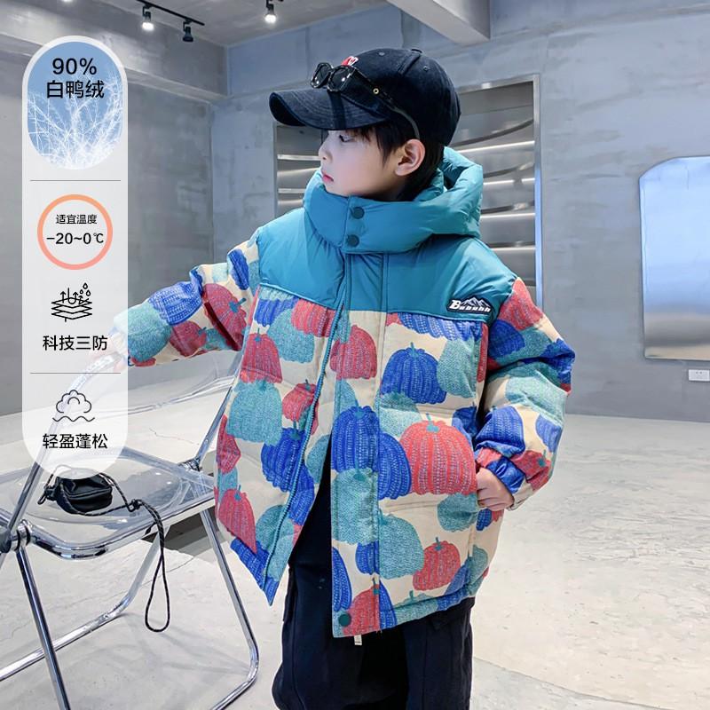 Boys Winter Hooded Puffer Jacket Kids Warm Thick Down Coat Cartoon Letter Print
