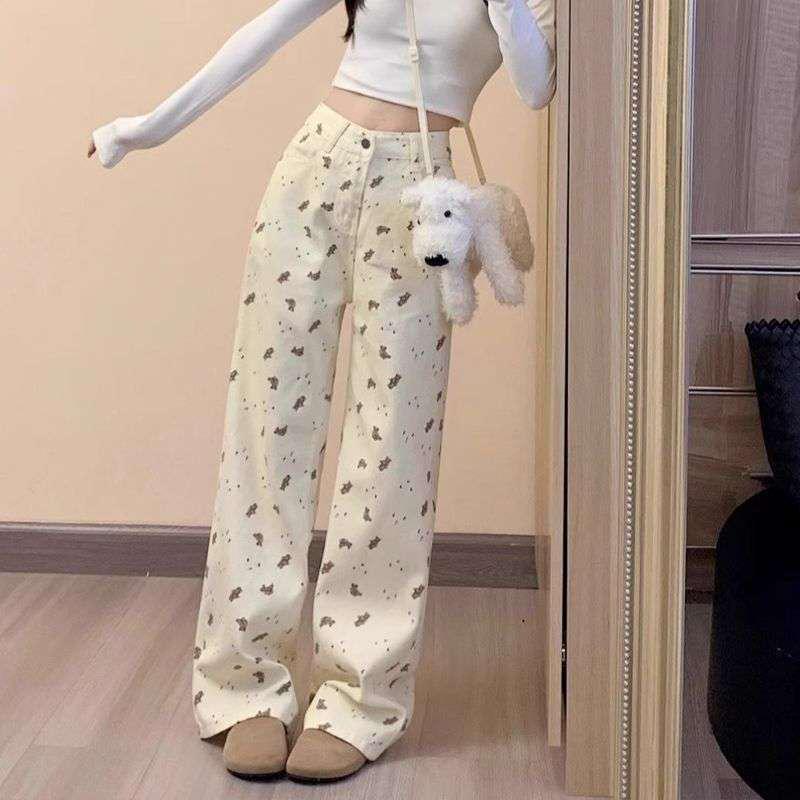 

Bear Print High-Waisted Wide-Leg Jeans - Spring Slimming Versatile Straight Pants M