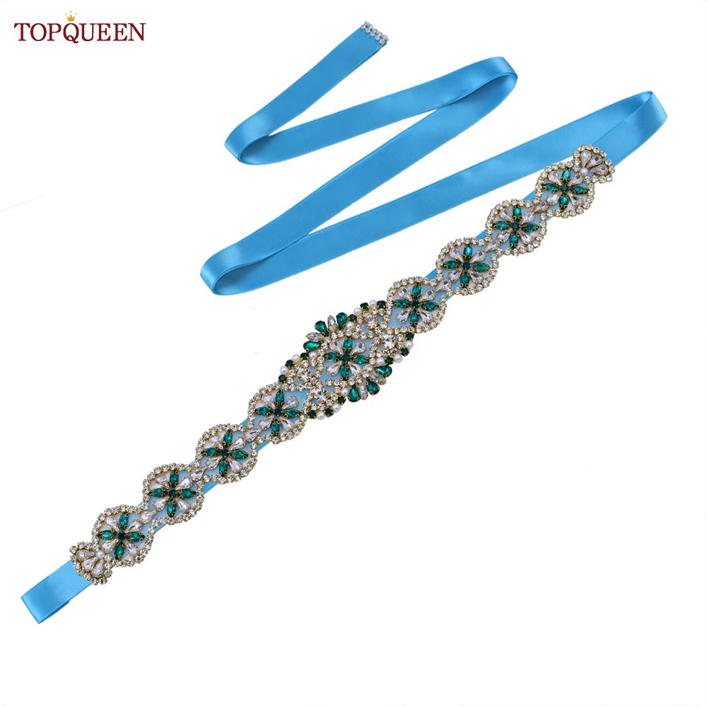 TOPQUEEN S161-KL Neuer Brautgürtel für Hochzeitskleider für Frauen in Gold, handgefertigt, Luxus-Schärpe, Zubehör für das tägliche Partykleid, grüner Strass