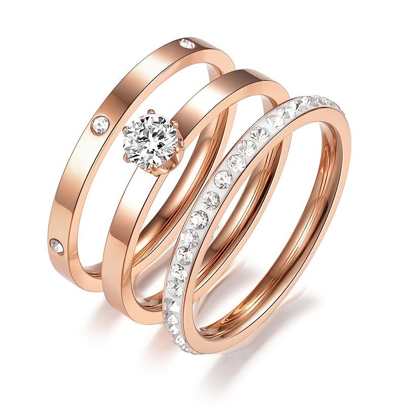 

European and American light luxury high-end titanium steel ring three-piece set stainless steel zircon ring No. 10