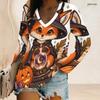 Women Plus Size V Neck Long Sleeve Halloween Panda Ghost Print Top Button Detail Curved Hem