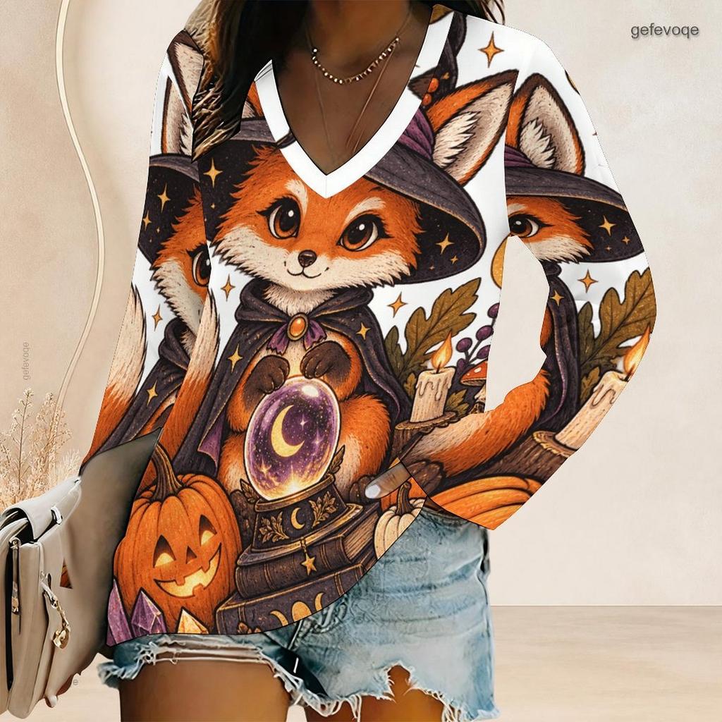 Women Plus Size V Neck Long Sleeve Halloween Panda Ghost Print Top Button Detail Curved Hem