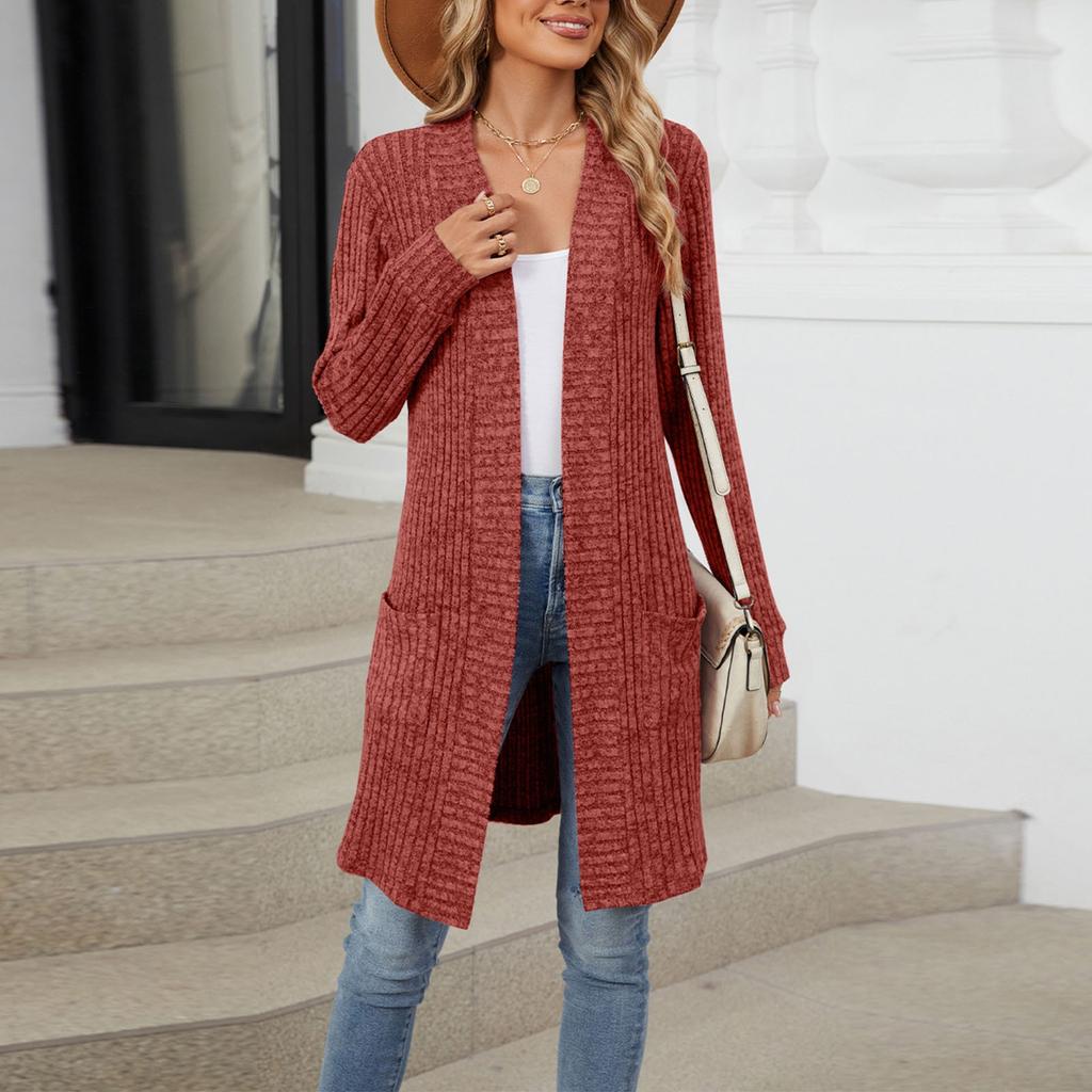 Women's  Fashion Casual Long Solid Color Long Sleeve Loose Pocket Cardigan Jacket