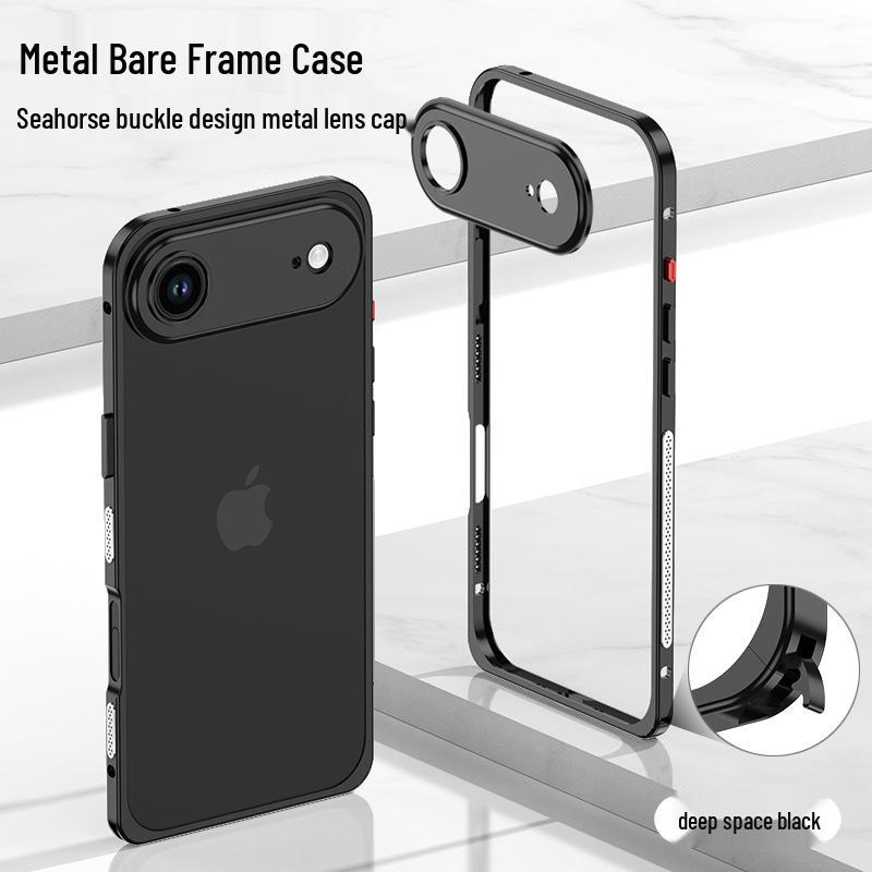 Capa de Metal Leve iPhone 17 Air com Lente e Fivela de Cavalo Marinho para 16 Pro - Moderna para Todos