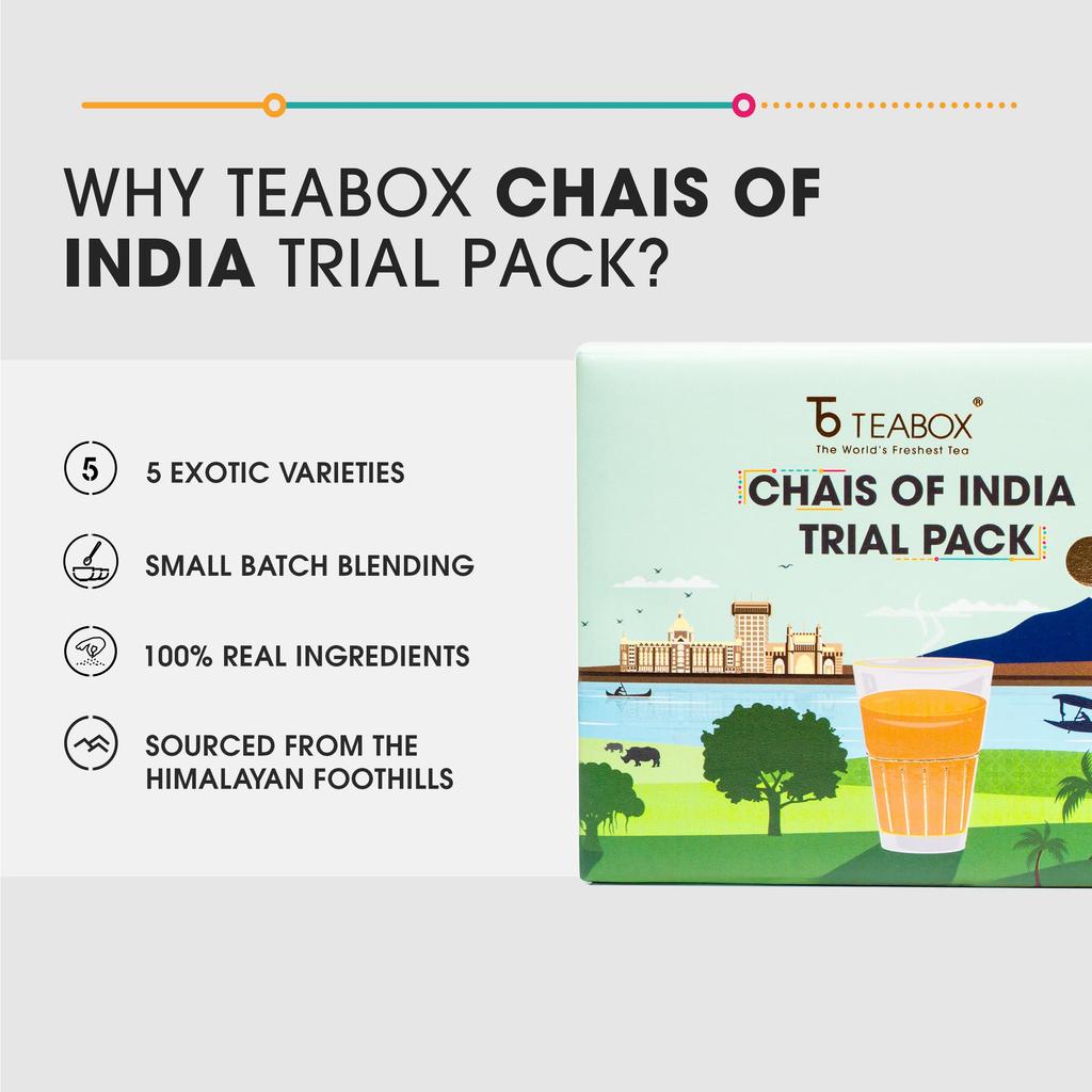 Teabox Premium Chais of India Collection With Real Ingredients & NO ARTIFICIAL FLAVOURS | 5 Exotic Regional Varieties X 30G Each | Crafted in Small
