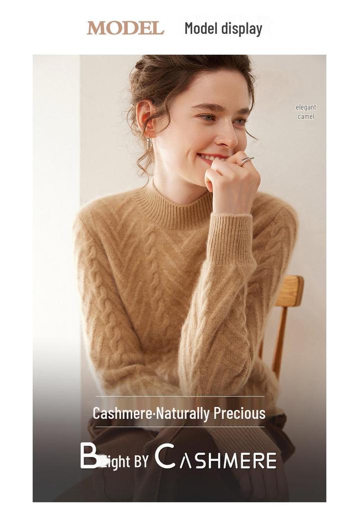 Women's Thickened Cable Knit Cashmere Sweater - Half-High Neck, Loose Fit, Solid Color, Perfect for Autumn and Winter.