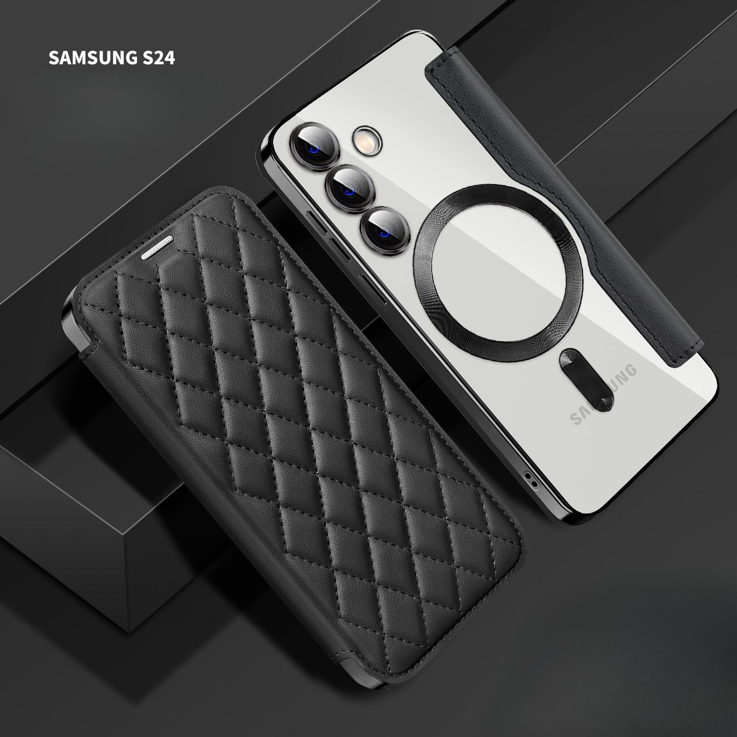 

Чехол-книжка из кожи с магнитным покрытием для Samsung S24U/S23Fe/S22 +/A05S с гальваническим покрытием S23 чёрный