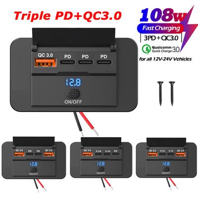 108W 12V Panel USB zásuvek pro obytný vůz Dvojitá rychlonabíjecí zásuvka QC3.0 a Dvojitá PD3.0 s vypínačem a LED voltmetrem pro loď ATV Motocykl