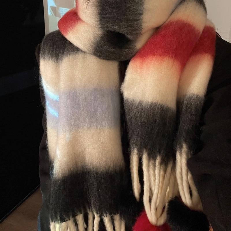 Autumn and winter dopamine striped scarf women's rainbow warm scarf pulling hair versatile fringed hairball scarf