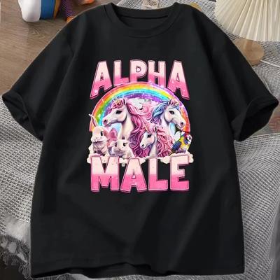 Vicces Alfa Hím Egyszarvú Ironikus Vintage 90-es évek Póló Retró Szivárvány Unisex Póló Furcsa Mém Póló Grafikus Női Póló Ruházat