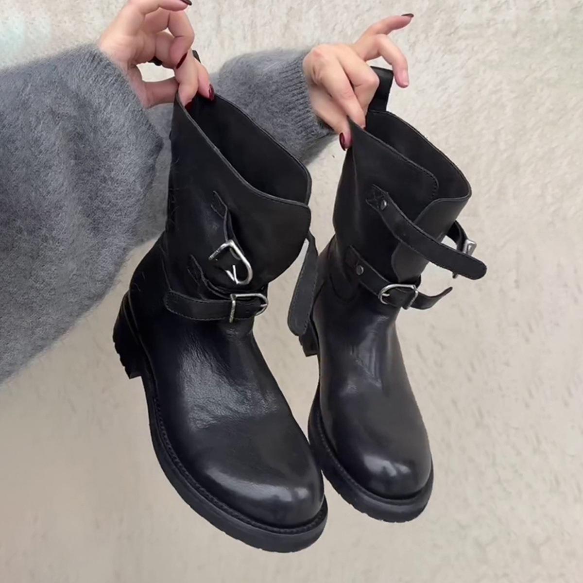 

Версия из коровьей кожи~ Ретро пряжка ремня рыцарские сапоги толстый каблук ковбойские сапоги в западном стиле женские тонкие сапоги круглый носок сапоги-локомотивы короткие сапоги 40