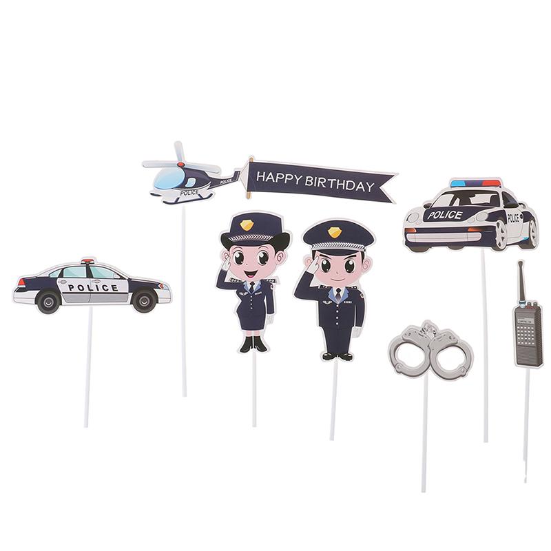 Precut Cartoon Police Car Plane Handcuffs Birthday Cupcake Toppers Decorations