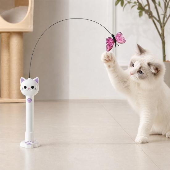 2-in-1 Interactief Katten Speeltje, Kattenhengel Speeltje met Stoffen Vlinder Teaser Zuignap Basis, Oplaadbaar Rood Licht Katten Speeltje voor Binnenkat Zelf