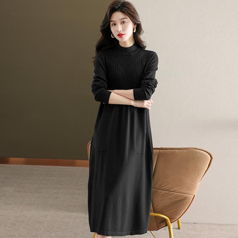 

Платье-свитер с полувысоким воротником, свободное, длинное, как базовая рубашка, зимнее, толстое, с карманом, с вязаной юбкой 3XL