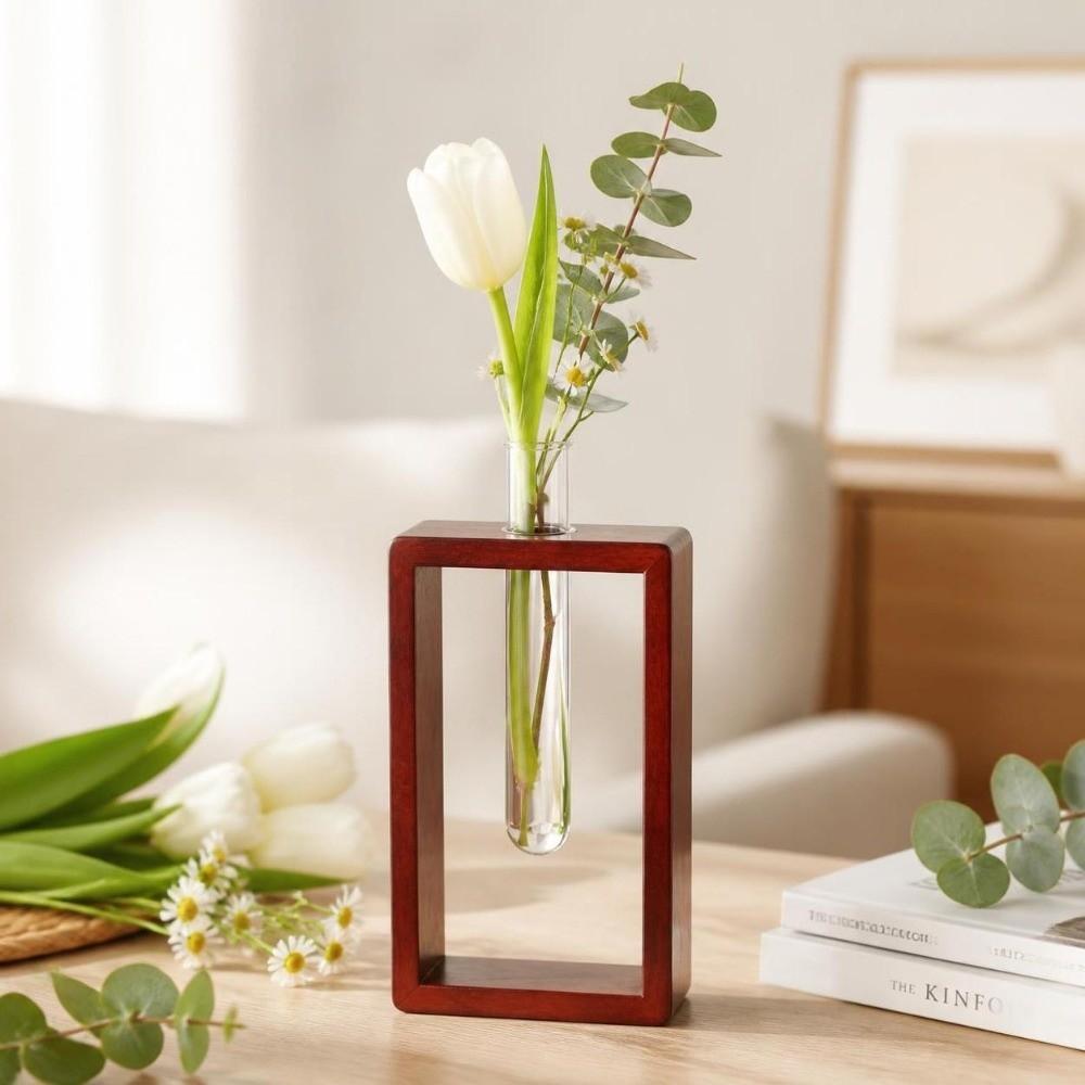 Wooden Glass Tube Vase Minimalist Hydroponic Flowerpot Plant Stand Flower Holder Living Room