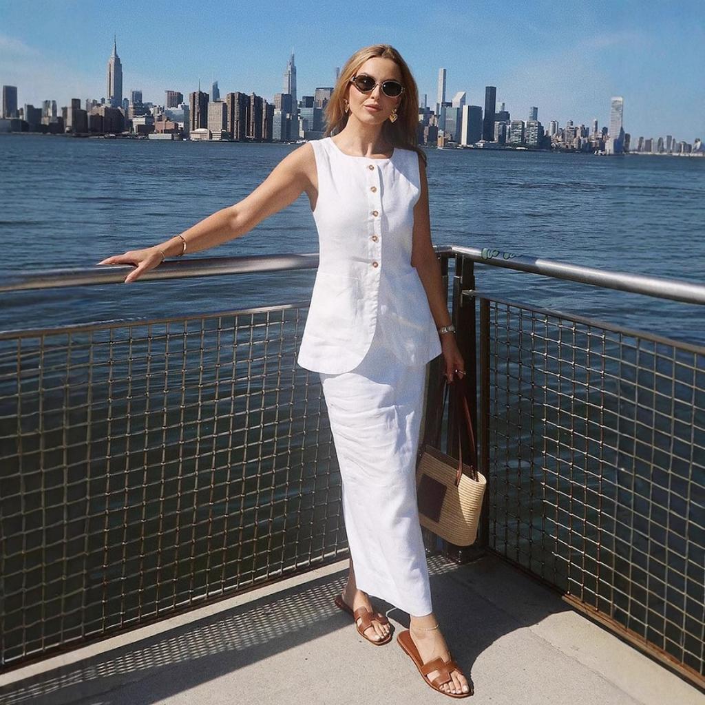 Frühling Sommer Neues Damen Leinen Freizeit Set Einfache Ärmellose Weste + High Waist Rock Zweiteiliges Outfit Europäischer Amerikanischer Stil
