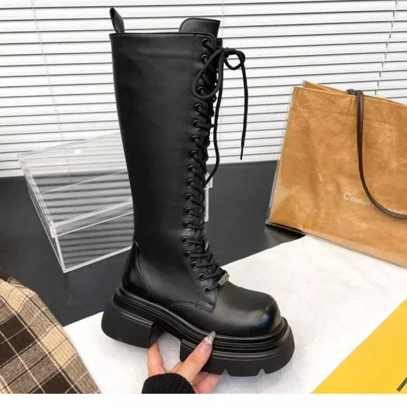 Women's Fashion Boots High Boots Front Lacing High Tube Middle Follow Thick Sole High Boots Solid Color Round Head Platform Shoe