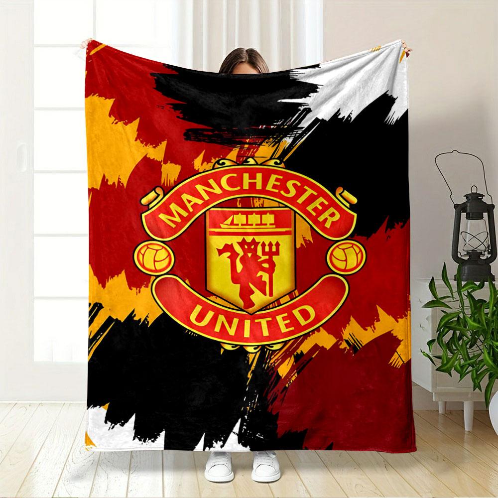 Bold Red, Yellow, Black Brush Strokes with a Central Manchester United Crest. for All Seasons Blanket Lunch Break Throw Gift