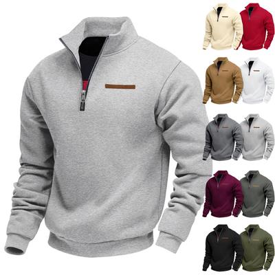Tamanho Grande Primavera/Outono Pulôver Oversized de Meio Zíper Forrado com Lã Gola Alta Cor Lisa Moletom Casual para Homens