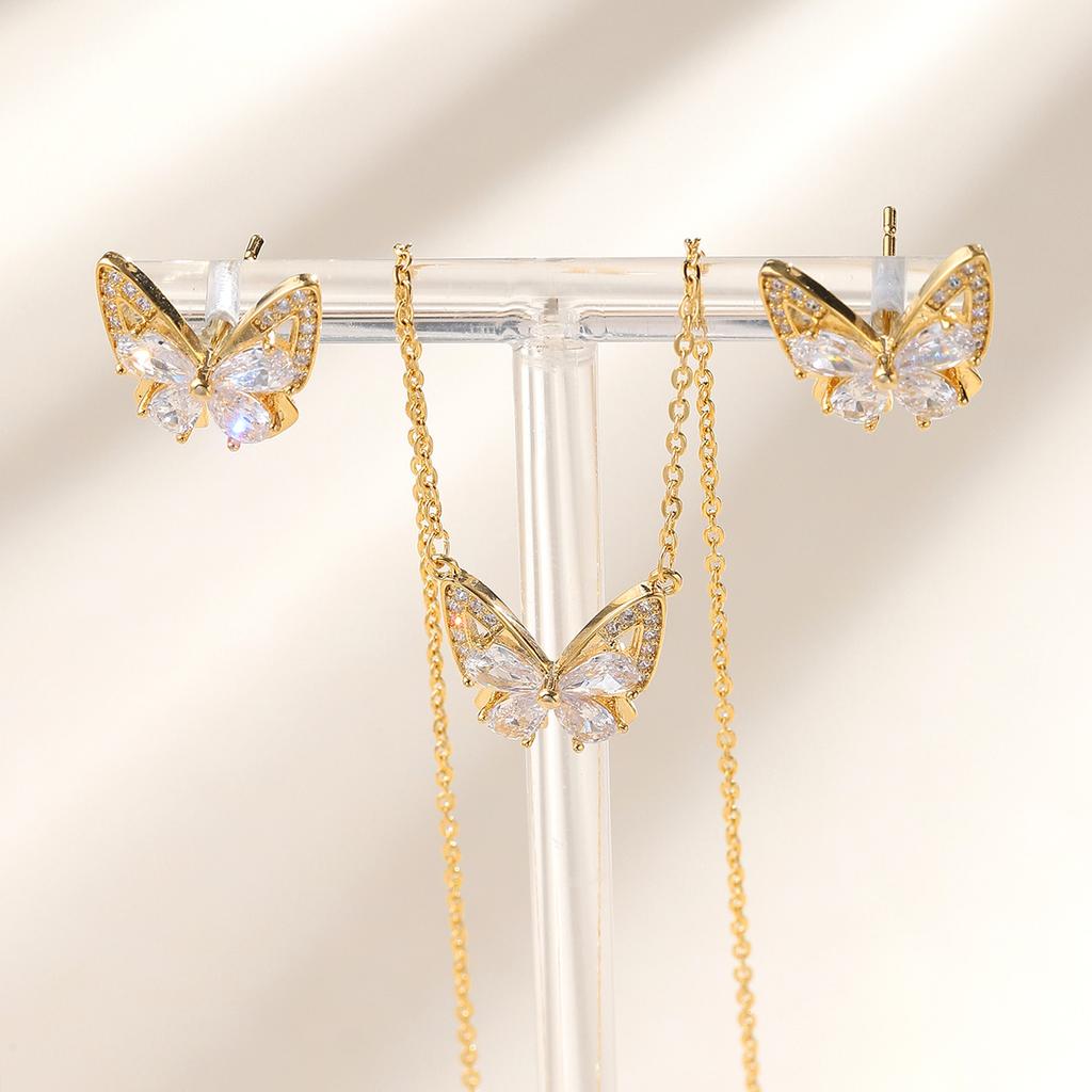 New Design Matching Butterfly Jewelry Suit Shiny Rhinestone Ear Studs Zircon Pendant Earring Set For Women Girls Wedding