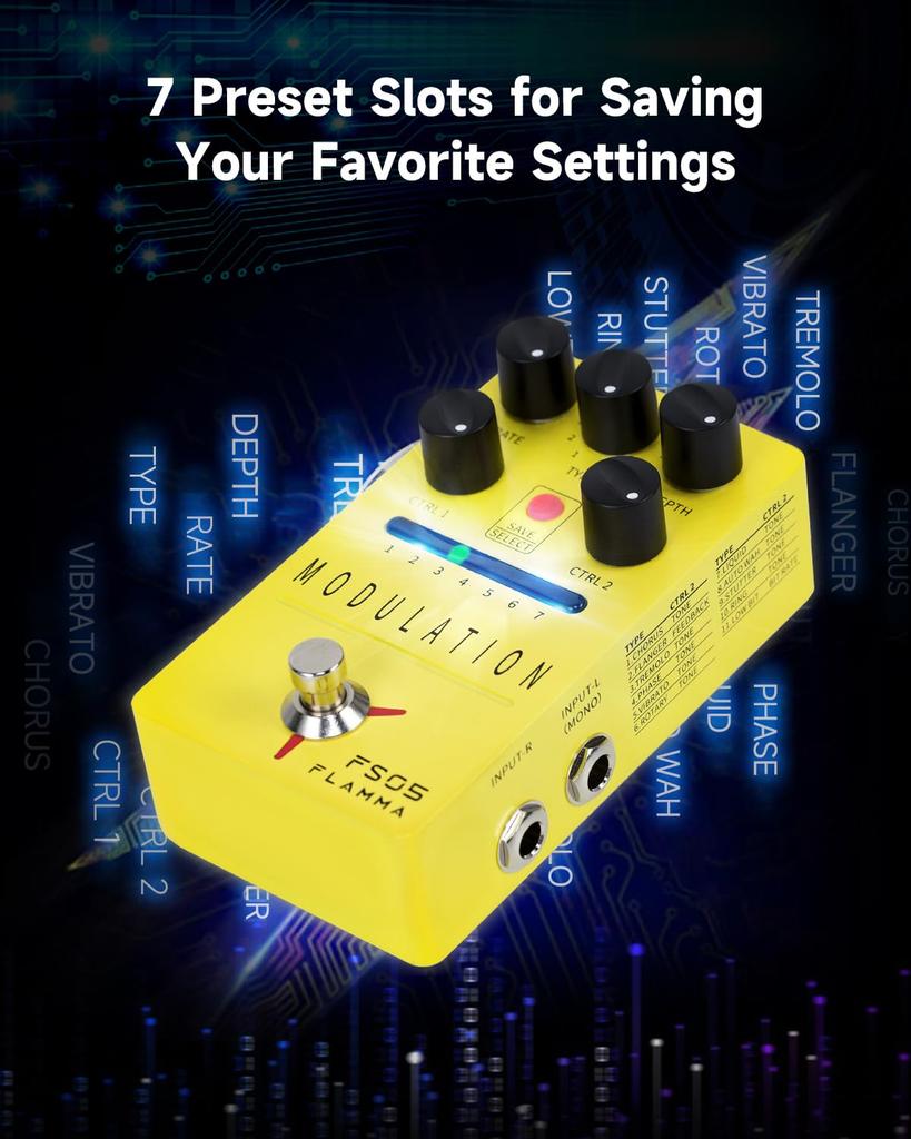 FLAMMA FS05 Stereo Effects Pedal with 7 11 Modulation Buffered and Stereo Digital Modulation Effects Pedal Multi-Modulation Slots, Effects, Bypass,