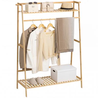 Clothes Rack Wardrobe Coat Rack with 2 Shelves 2 Hooks and 1 Hanging Rail In Bamboo