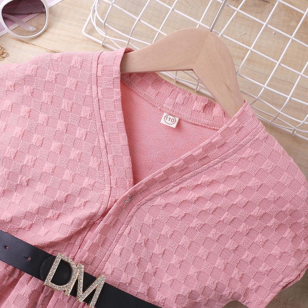 Vestido da Moda para Meninas, Vestido de Verão Infantil de Cor Sólida Quadrado Elástico de Manga Curta com Cinto
