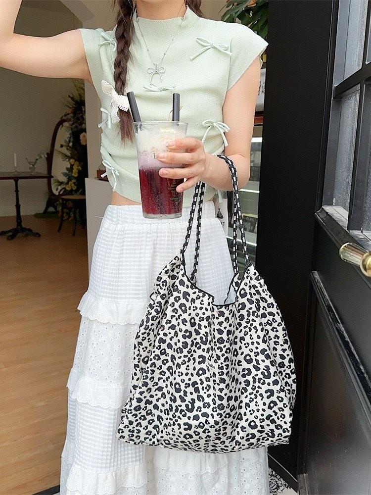 Stylish Vintage Leopard Print Corduroy Shoulder Bag Spacious Tote For Daily Use