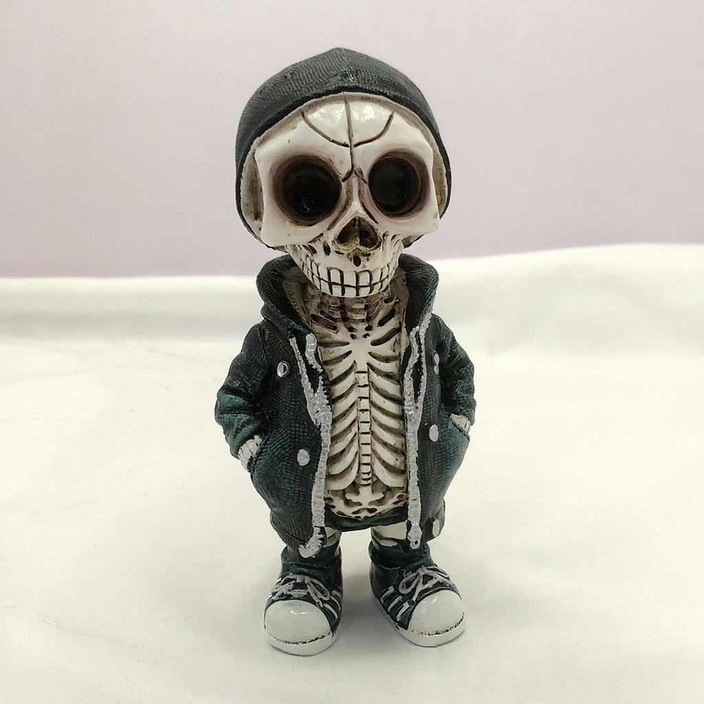Cool Halloween Skeleton In Hoodie Resin Figurine - Gothic Desktop Decor, Cartoon Skull Statue