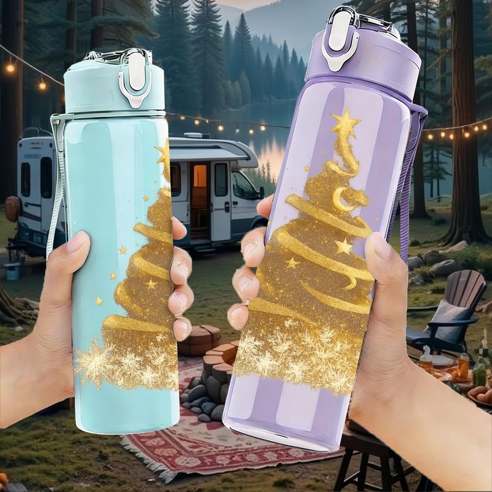 1PC Golden Glitter Christmas Tree Print 750ml Color Plastic Sports Water Bottle Leakproof Flip Straw Lid Suitable for Sports Office Home Use