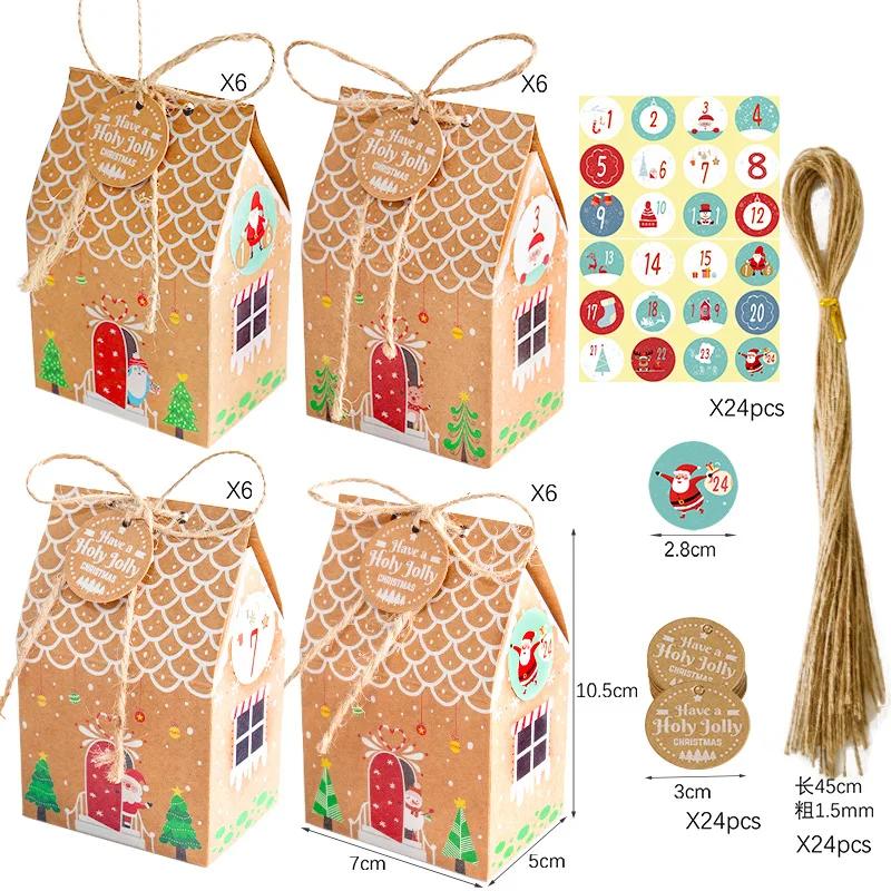 24Sets Advent Calendar Gingerbread House Gift Box Christmas Treat Candy Favor Box with Gift Tag Sticker Countdown Xmas
