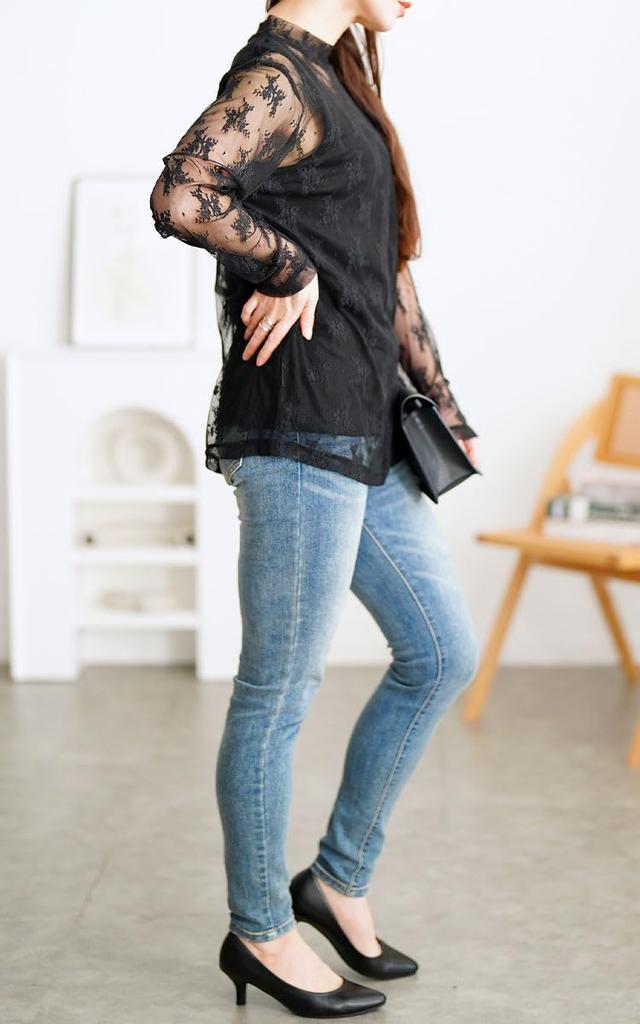 Gold Japan Plus Size Long Floral High Size Black Women's Top, Sleeve, Lace, Print, Tulle, Sheer, Neck, Stretchy, Winter, Spring, Fall, cpdai-659594,