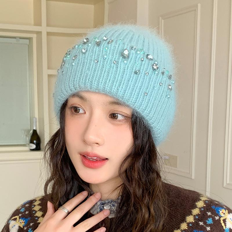 Knitted Hat Women's Winter Thickened Warm Ear Protection Hat Rhinestone Wool Hat Winter Hats for Women, Beanies for Women, Hats for Women Winter