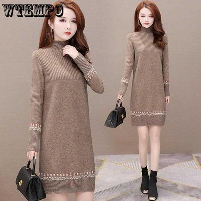 Mid-length Knitted Sweater for Women's Autumn and Winter Casual Half Turtleneck Sweater Dress Loose Long-sleeved Pullover