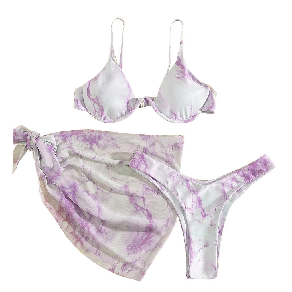 Women's Summer Fashion Sexy Marble-print Adjust The Shoulder Straps Waist  Veils Knot Hem Bikini  Three-pieces Swimsuit