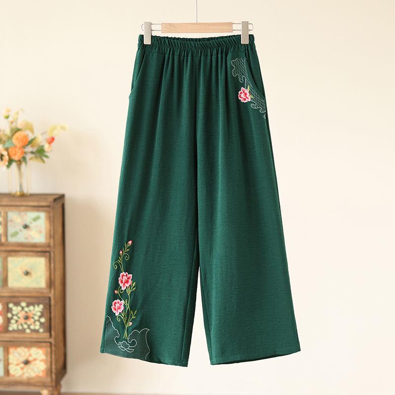 

Летние брюки из ледяного шелка для мамы, женские повседневные брюки, свободные брюки с широкими штанинами с вышивкой для среднего и пожилого возраста, юбка 6XL темно-зеленого