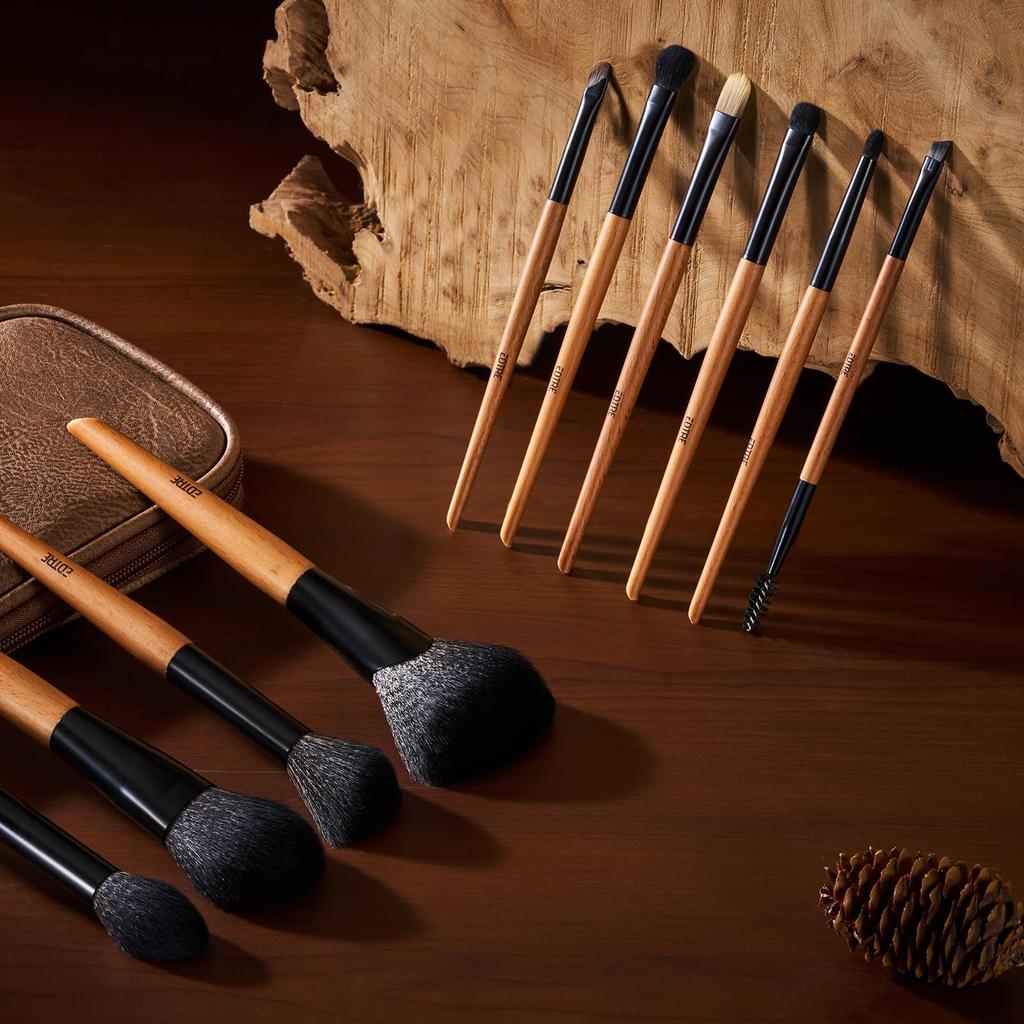 EDTRE Zelkova Wood Makeup Brush with PU Leather Multifunctional for Everyday Makeup Set with Sponge Puff Set, 10-Piece Set, Pouch, Use, Portable,